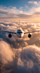 Un avion vole au-dessus des nuages au coucher de soleil.