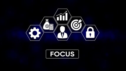 Business strategy icons showing finance growth target achievement leadership and security with focus text overlay on dark blue gradient background conceptual graphic - Powered by Adobe