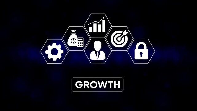 Business Growth Strategy Icons Success Finance Security Management Target Achievement Corporate Development Concept Abstract Hexagon Network Technology Digital Marketing Strategy Planning
