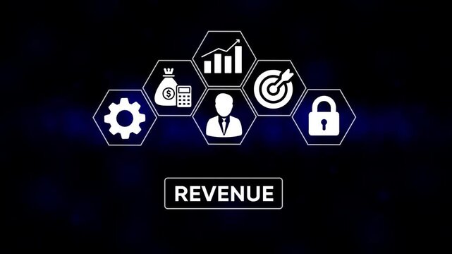 Business growth strategy icons representing financial success target achievement secure investment and operational efficiency with revenue text overlay on dark blue gradient background abstract