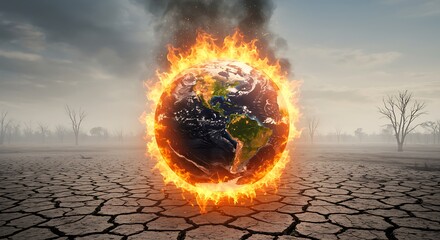 Burning Earth Globe with Flames on Cracked Dry Land Climate Crisis Concept