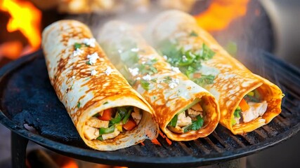 Tantalizing Trio of Culinary Delights: An eye-level shot captures a trio of meticulously crafted wraps, their vibrant fillings and expertly grilled exteriors promising a symphony of flavors.