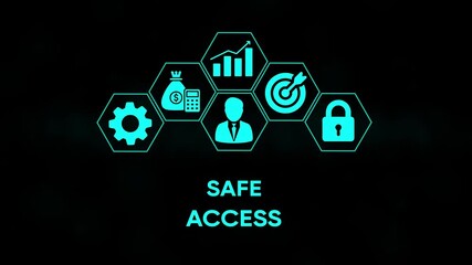 Secure business growth strategy with financial management target achievement and protected data access concept represented by interconnected hexagons and icons on dark background - Powered by Adobe