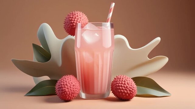 Lychee Beverage: A refreshing lychee drink, served in a tall glass with ice and a striped straw, is garnished with whole lychee fruit, all set against a soft, organic backdrop.