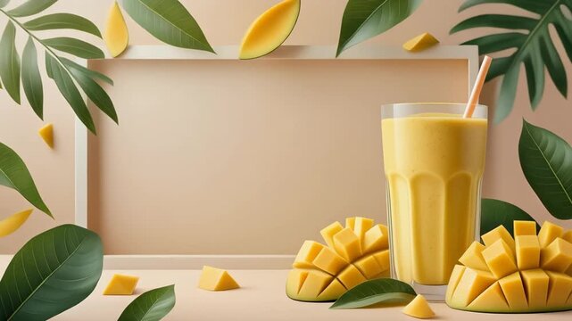 Mango Paradise: A refreshing mango smoothie beside a frame, surrounded by sliced mango and lush green leaves. A vibrant composition evoking tropical tranquility.