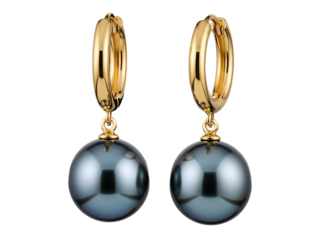 Elegant Gold Hoop Earrings with Lustrous Dark Pearl Drops — A Timeless Statement Piece. This close-up shot highlights luxurious craftsmanship against a stark black background, perfect for sophisticate