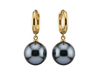 Elegant Gold Hoop Earrings with Lustrous Dark Pearl Drops — A Timeless Statement Piece. This close-up shot highlights luxurious craftsmanship against a stark black background, perfect for sophisticate