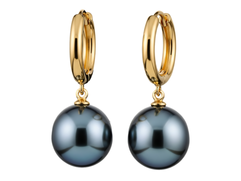 Elegant Gold Hoop Earrings with Lustrous Dark Pearl Drops — A Timeless Statement Piece. This close-up shot highlights luxurious craftsmanship against a stark black background, perfect for sophisticate