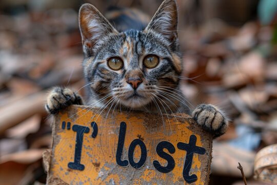 A cute cat patiently holding a sign that reads 'I Lost'. Ideal for advertisements, social media, and emotional content.