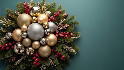 Fototapeta premium Elegant Christmas wreath with gold and silver ornaments and red berries on a dark green background