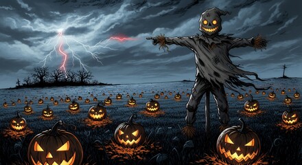 Scarecrow with Jack O Lanterns in Dark Stormy Halloween Field
