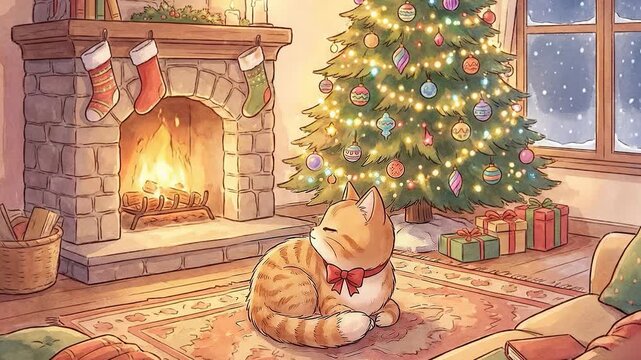 Adorable cartoon cat celebrating Christmas by decorated tree and fireplace cozy home anime style loop seamless animation
