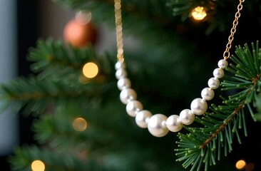 Jewellery Pearl necklace on Christmas tree. Advertising banner for a jewelry brand. New Year's Sale Poster for December holidays with pendant on golden chain as decoration. Gift idea. Space for text.