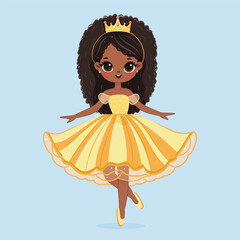 Cute little princess with beautiful eyes in yellow dress and golden crown. Isolate on color background, Vector illustration in flat drawn cartoon style