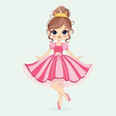 Cute little princess with beautiful eyes in pink dress and golden crown. Isolate on color background, Vector illustration in flat drawn cartoon style