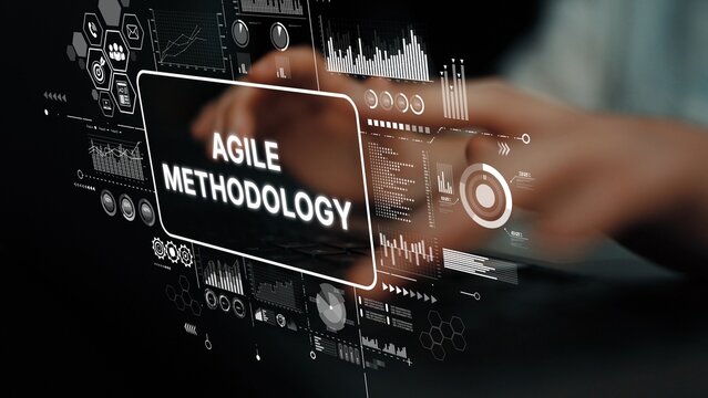 Hands Engaging with Digital Interface Featuring Agile Methodology and Data Analytics Elements for Project Management. Asymptotic smart data analytic. - Powered by Adobe
