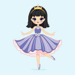 Cute little princess with beautiful eyes in purple dress and golden crown. Isolate on color background, Vector illustration in flat drawn cartoon style