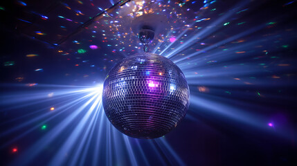 La boule &agrave; facettes tourne au plafond pendant une f&ecirc;te avec des lumi&egrave;res color&eacute;es