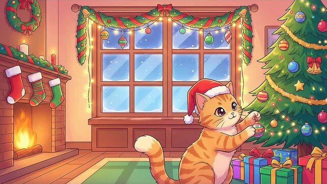 Adorable cartoon cat celebrating Christmas by decorated tree and fireplace cozy home anime style loop seamless animation