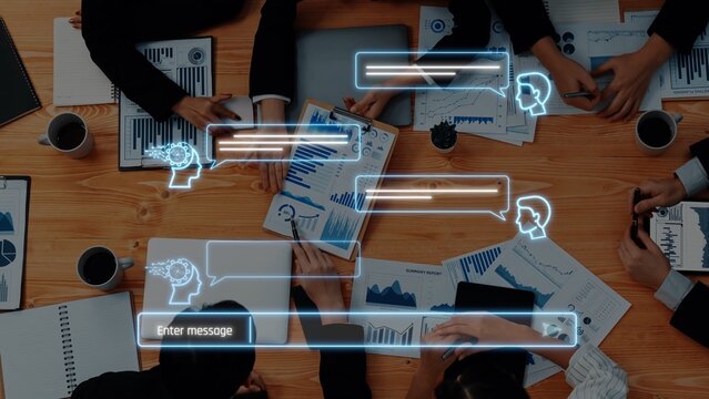 Engage in a productive business meeting with a focus on data analysis and communication. Explore teamwork dynamics with digital interfaces and insights. Raster