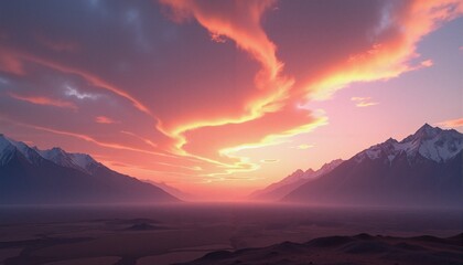 Vibrant sunset over tranquil mountains.