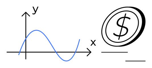 Line graph with curved trajectory and large dollar coin representing economic trends, investment, and profit. Ideal for business, market data, finance, planning, accounting, forecasting simple flat