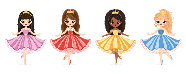 Set of cute different nationalities little princess on white background. Poster, Banner, Flyer, Greeting Card. Vector illustration in flat drawn cartoon style