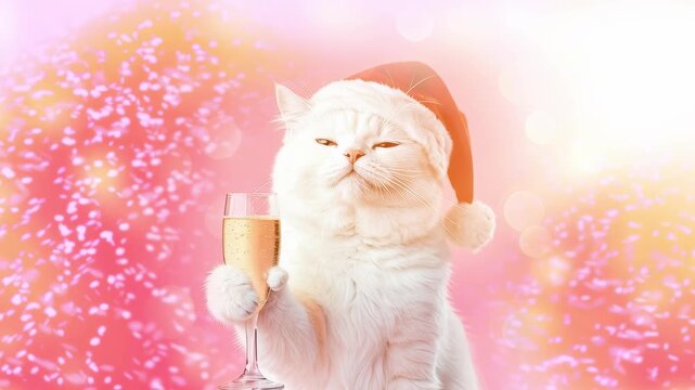 Funny White Cat in Santa Hat Celebrating with Champagne 