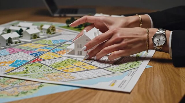 Real estate planning miniature house model on zoning map layout