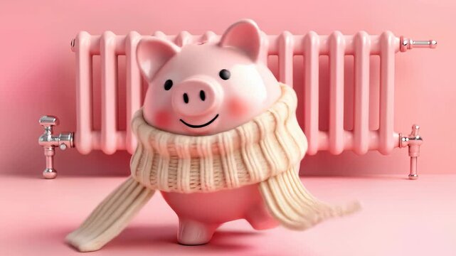 Pink piggy bank wearing striped scarf a symbol of saving on heating and electricity during the cold season 