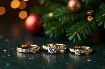 Rings under a Christmas tree. Advertising banner for jewellery brand. New Year's Sale Poster for the December holidays with golden proposal diamond rings. Gift idea. Space for text.