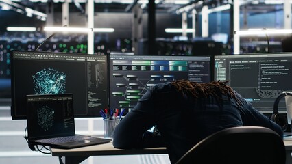 Irked data center IT expert smashing desk, upset by malfunctioning gear while using node tree software. Mad server hub engineer disgruntled by errors, using glitching AI visualization tech, camera B