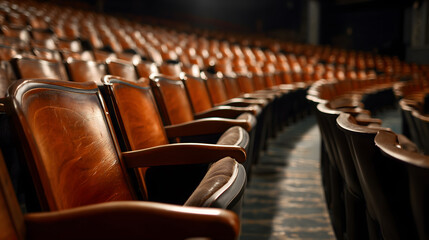Des si&egrave;ges dans un th&eacute;&acirc;tre, pr&eacute;par&eacute;s pour une repr&eacute;sentation pendant une soir&eacute;e.