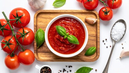 Fresh Tomato Sauce Ingredients with Basil, Garlic and Salt on a Wooden Tray for Culinary Delight