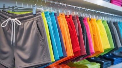 Browse vibrant activewear shorts on display, pick your color for fitness fashion, a rainbow of choices for your workout wardrobe, express yourself