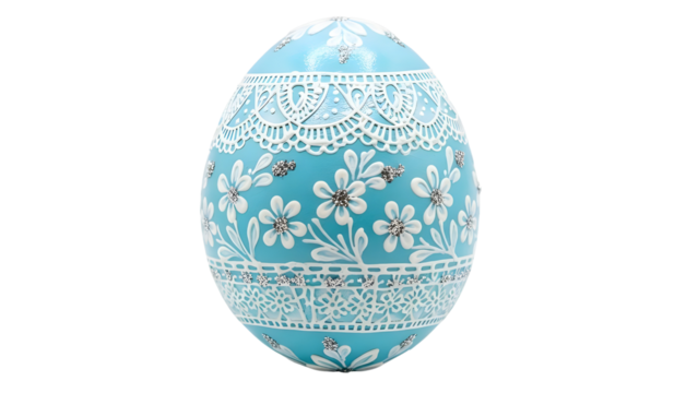 Turquoise Hand Decorated Easter Egg Photo with Intricate White Lace Pattern Isolated on White - Powered by Adobe