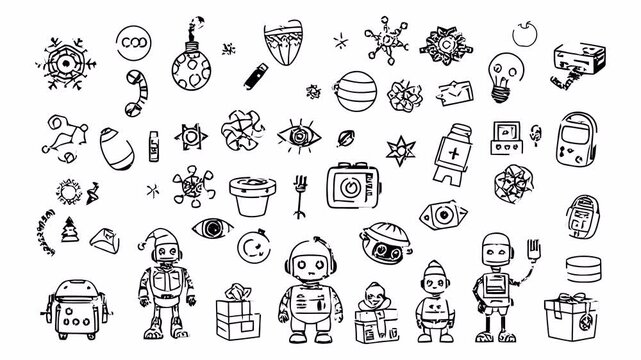 Hand-drawn doodle animation set with robots, gadgets, winter objects and creative AI icons, black line art with alpha channel on transparent background.