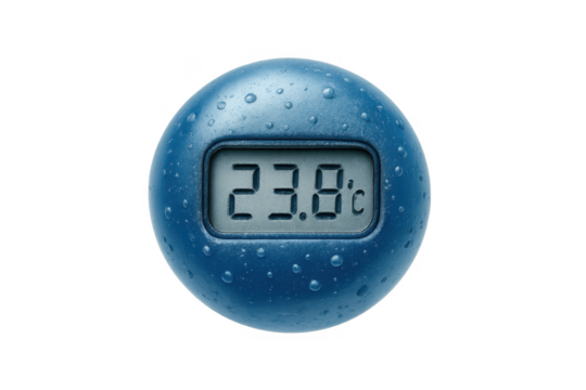 Digital thermometer showing 23.8 degrees celsius with water drops
