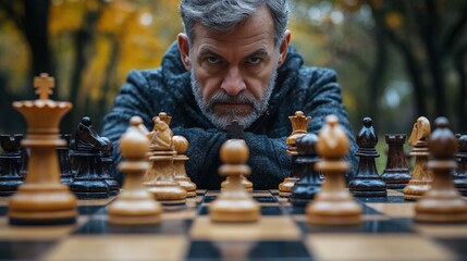 A thoughtful man with a beard intently studies a chessboard, lost in the strategy of the game.  A classic scene of concentration and intellectual challenge.