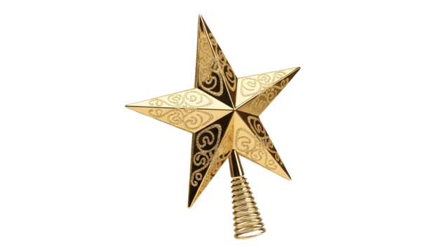 Shiny Gold Christmas Tree Topper Star Ornament isolated on White Background