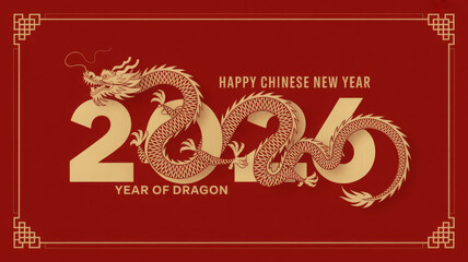 Elegant golden dragon illustration for Chinese New Year 2026 year of the dragon decorative design on red background