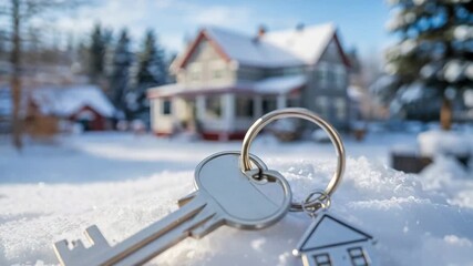 Dreaming of winter home ownership with keys glistening in the snow and a beautiful house in background, perfect for real estate marketing - Powered by Adobe
