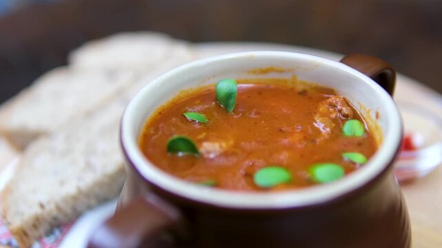 Tomato gazpacho Spanish cold soup with pepper and garlic, Spanish traditional cuisine, chef cooking dinner. solyanka borscht