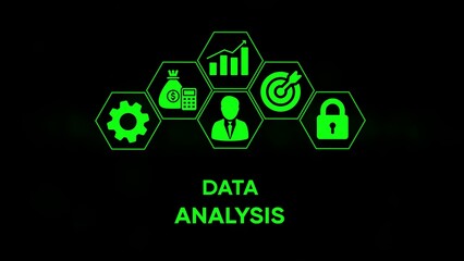 Obraz premium Green icons representing business concepts like finance, analytics, goals, security, and operations arranged in hexagons on a black background with text below