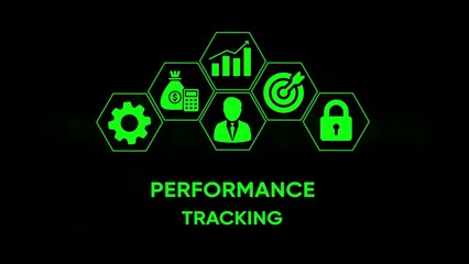 Fototapeta premium Neon green icons of gear money calculator business chart target and lock arranged in hexagons above performance tracking text on black background