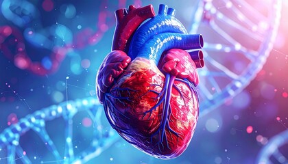 Anatomical depiction of the human heart showcasing genetic strands and a vibrant background