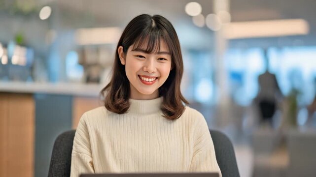 モダンなオフィス空間で白いセーターを着た女性がグレーのノートパソコンを操作し集中して作業する様子