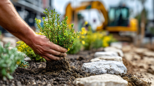 Travail de jardinage avec un homme en train de mettre des plantes.