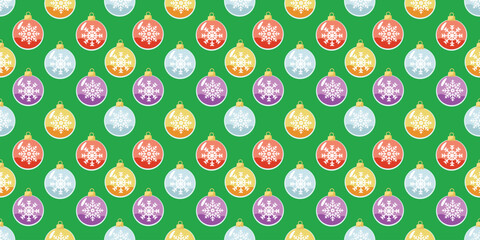 Seamless pattern of Christmas tree decorations on a green background. Christmas decor. Vector illustration.