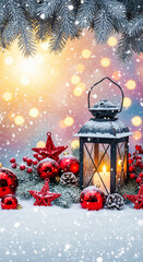 Lantern with candle siting in the snow surrounded by festive red Christmas ornaments